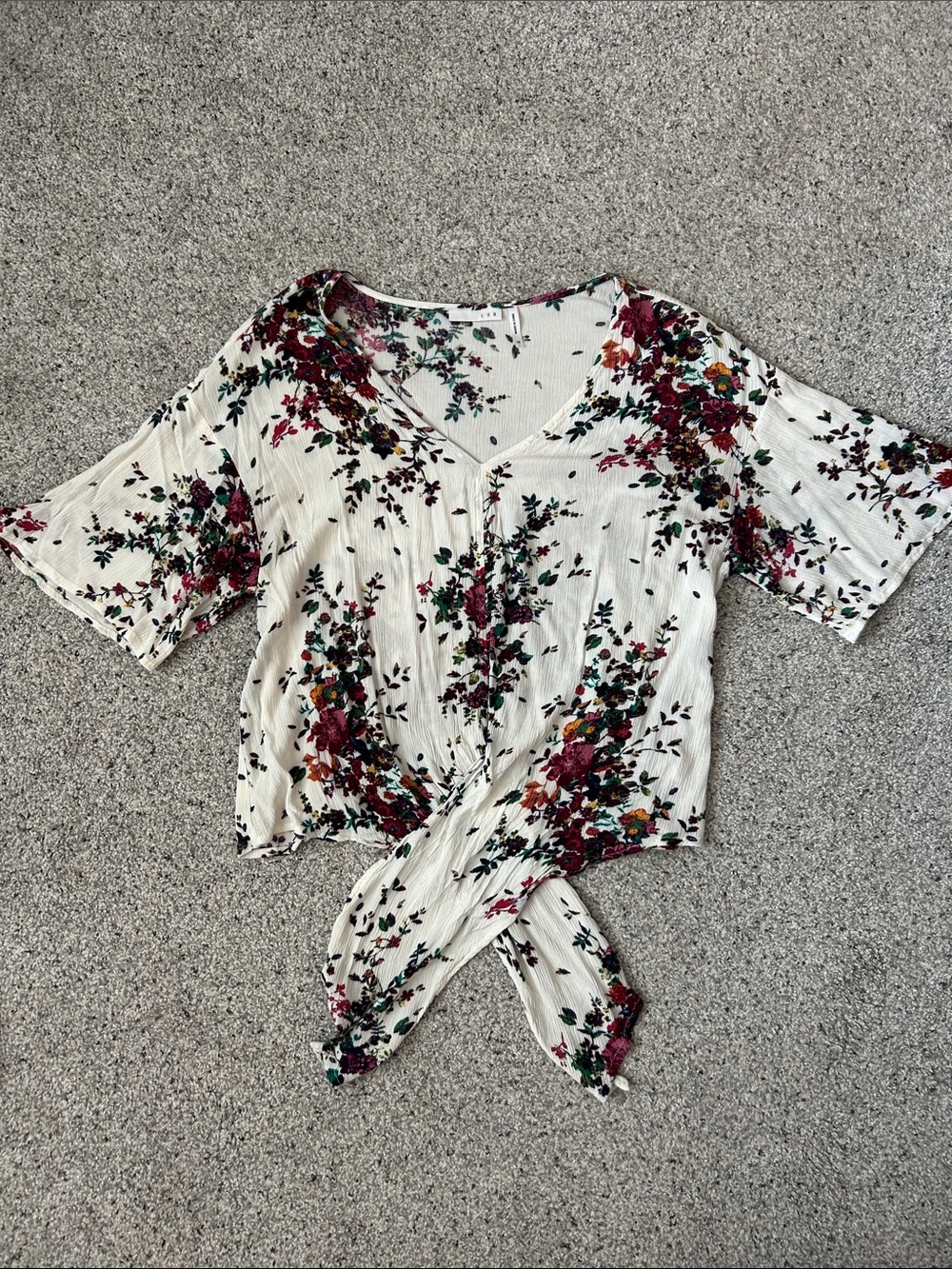 V-Neck Floral Tie-Front Blouse - Cream with Burgundy Floral
